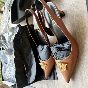 Versace Brown Leather Slingback Pumps with Gold Medusa Accent